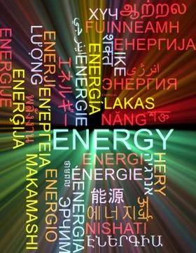 Energy multilanguage wordcloud background concept glowing Stock Illustration