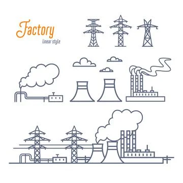 Energy plant or Industrial Factory icons set. Various electricity plant Stock Illustration