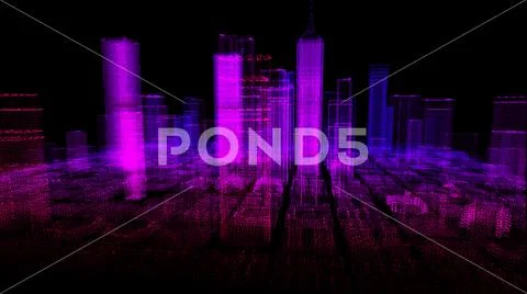 Energy power of future big city concept, purple neon color skyscraper buildin Stock Photos