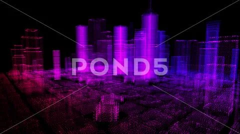 Energy power of future big city concept, purple neon color skyscraper buildin Stock Photos