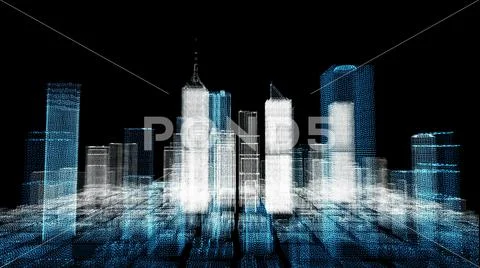 Energy power of future big city concept, light blue neon skyscraper building Stock Photos