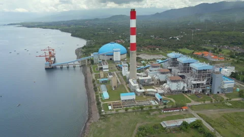 Energy Power Plant Smoke Stack And Processing Area North Bali Indonesia Drone 動画素材 344962016