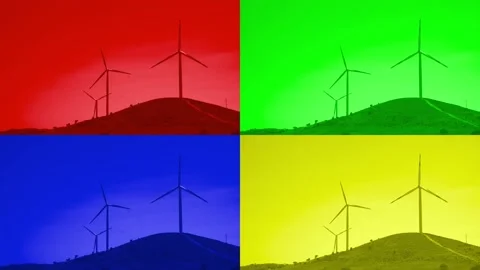 Energy Producing Wind Turbines computer effect split screen color Stock Footage 205236596