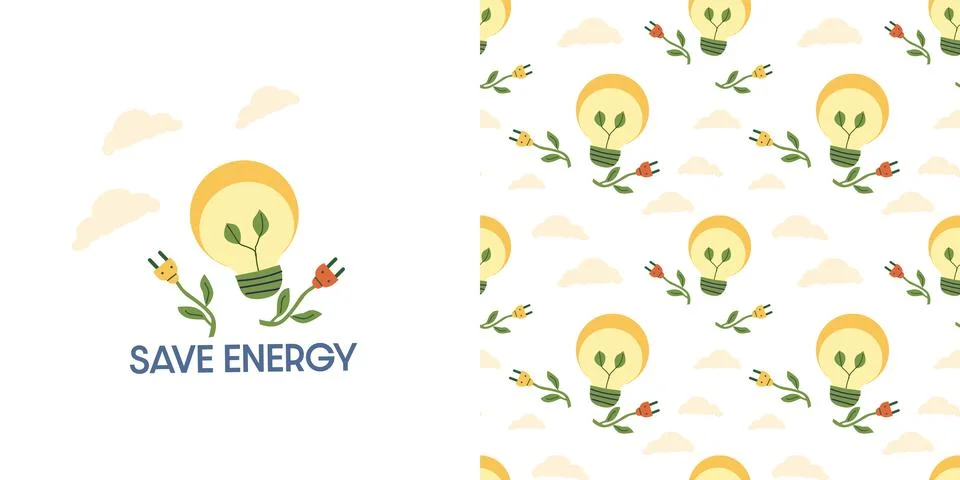 Energy save vector illustration concept with seamless pattern. Stock Illustration
