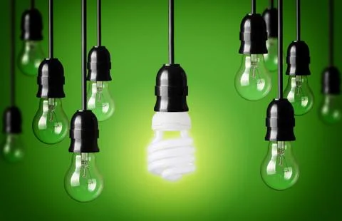 Energy saving and simple light bulbs.green background Stock Photos