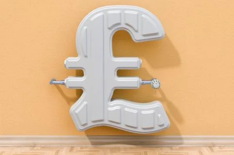 Energy saving concept. Heating radiator in shaped of pound sterling. 3D rende Stock Illustration