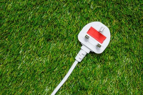 Energy saving concept of plug plugged into sustainable power source of grass  Stock Photos