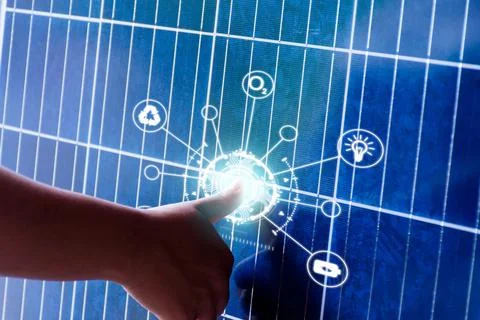 Energy saving concept Protect the environment. people finger touching solar p Stock Photos