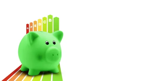 Energy saving efficiency concept, arrows chart graph with piggy bank, certifi Stock Footage 146523781