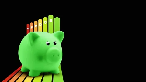 Energy saving efficiency concept, arrows chart graph with piggy bank, certifi Stock Footage 146524031