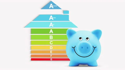 Energy saving efficiency concept, house chart graph with piggy bank, certifie Stock Footage 145652429