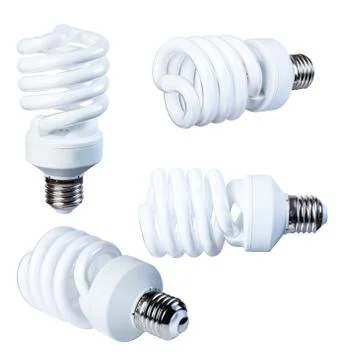 Energy-saving fluorescent lamp isolate on a white background, from different Stock Photos