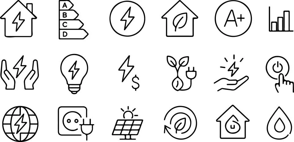 Energy Saving Icon Set. Eco Friendly House. Renewable Energy Vector. Stock Illustration