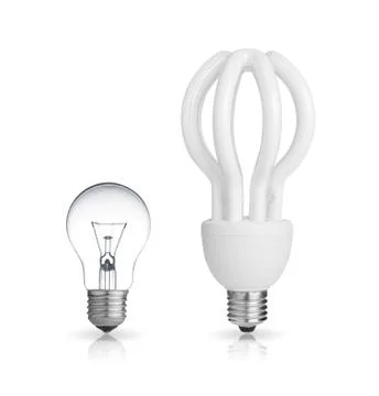 Energy saving light bulb and tungsten bulb isolated on white Stock Photos