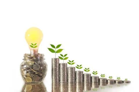 Energy saving light bulb and tree growing on stacks of coins isolated on whit Stock Photos
