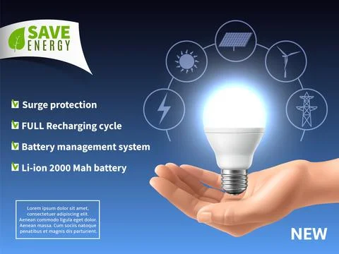 Energy saving light bulbs poster. Consumption reduction. Realistic hand hold led Stock Illustration