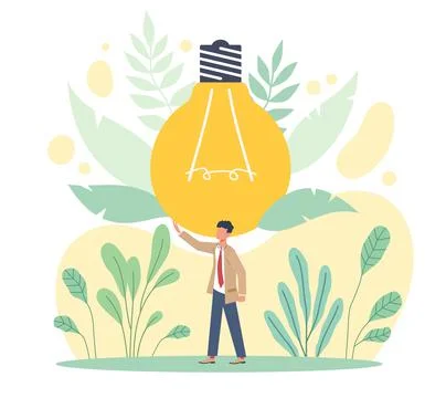 Energy saving, low consumption. Green mode energy, tiny man with huge light bulb Stock Illustration