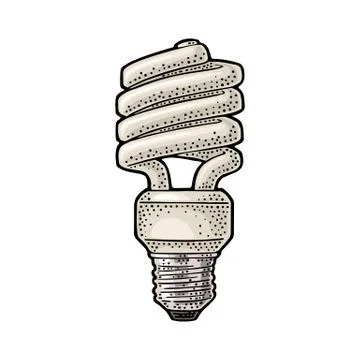 Energy saving spiral lamp. Vector vintage engraving on white background 스톡 일러스트