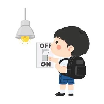 Energy saving student turning off light switch at school Stock Illustration