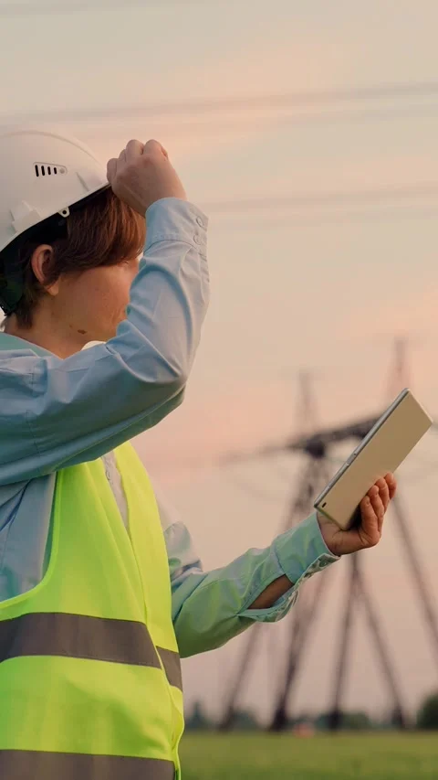 Energy security concept, ecology. Power engineer in safety helmet checks power Stock Footage 307551453