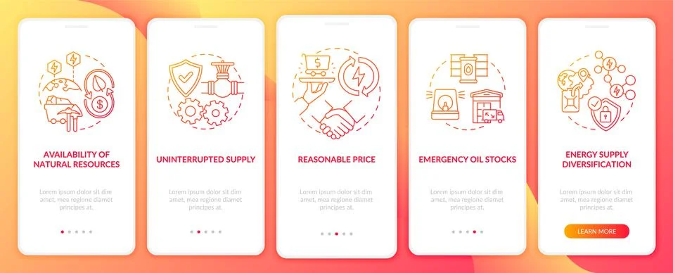 Energy security elements onboarding mobile app page screen with concepts Stockillustratie