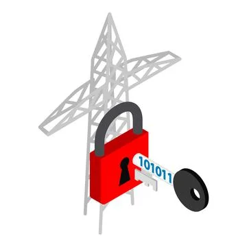 Energy security icon isometric vector. Key with binary code and power line pylon Stock Illustration