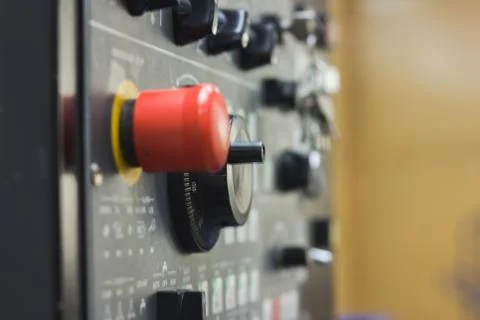 Energy security - system management panel. Red power button - industrial remote Foto stock