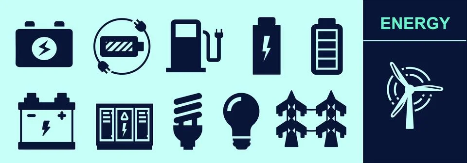 Energy solid icon set for of smart grid, battery, lightbulb, relays, etc. Stock Illustration