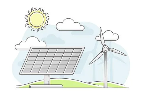 Energy Source with Solar Panel and Wind Generator Vector Illustration イラスト素材
