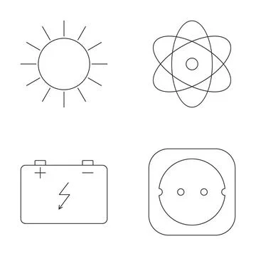 Energy sources icons representing solar, atomic, battery, and electric power Stock Illustration