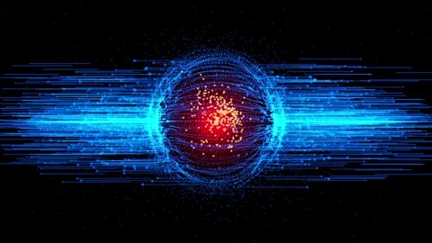Energy space. In the center of the light node red dots emit bright blue streams. Stock Footage 302156676