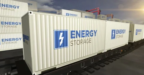 Energy storage containers on cargo train wagons loop Stock Footage 310040606
