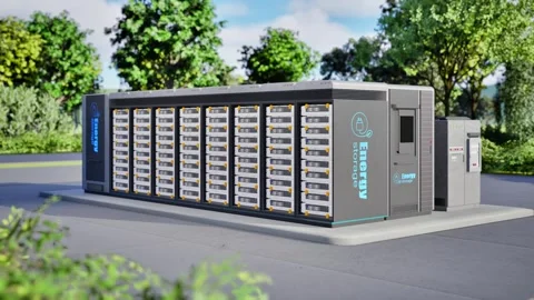 Energy storage system or battery container unit see through on green grass Stock Footage 330858665