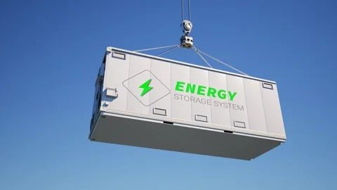 Energy storage system or battery container unit hanging in blue sky 4k footage Stock Footage 342589054