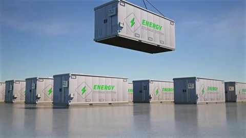 Energy storage system or battery container unit hook and lower with blue sky bac Stock Footage 342589055
