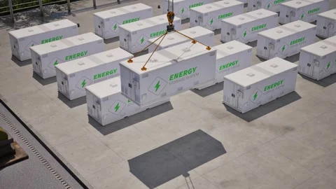 Energy storage system or battery container unit isometric 4k footage Stock Footage 342589059