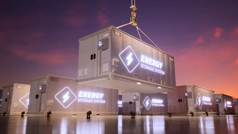 Energy storage system or battery container unit hook and lower with sunset sky 4 Stock Footage 342589060