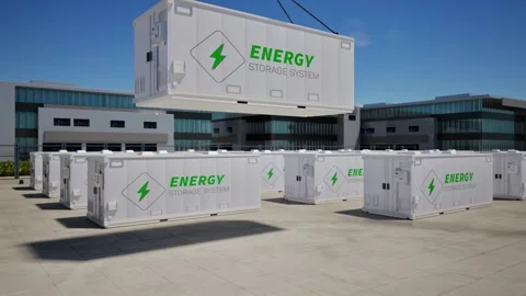 Energy storage system or battery container unit hook and lower for data center 4 Stock Footage 342589065