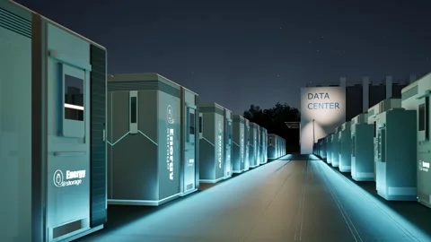 Energy storage systems or battery container units for data center at night .. Stock Footage 329402409
