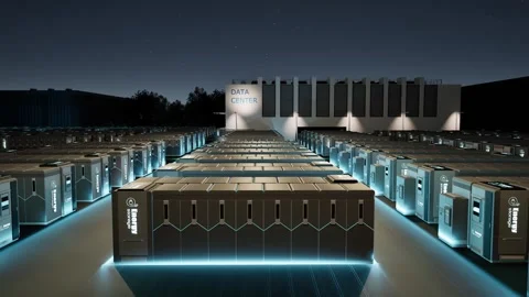 Energy storage systems or battery container units for data center at night .. Stock Footage 329402410
