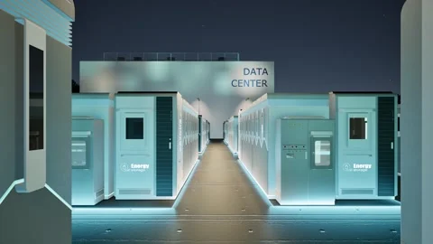 Energy storage systems or battery container units for data center at night .. Stock Footage 329402412