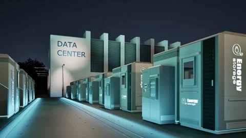 Energy storage systems or battery container units for data center at night .. Stock Footage 329402441