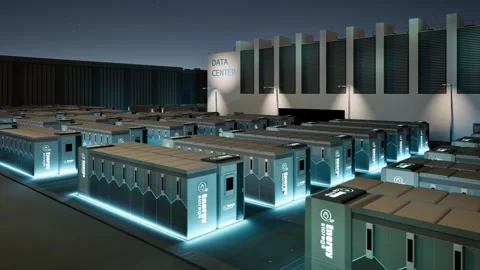 Energy storage systems or battery container units for data center at night .. Stock Footage 329402445