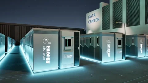 Energy storage systems or battery container units for data center at night .. Stock Footage 329402462