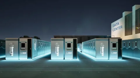 Energy storage systems or battery container units for data center at night .. Stock Footage 329402467
