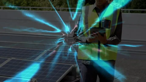 Energy technician tapping tablet amid solar array, with glowing pink-blue beams Stock Footage 308026336