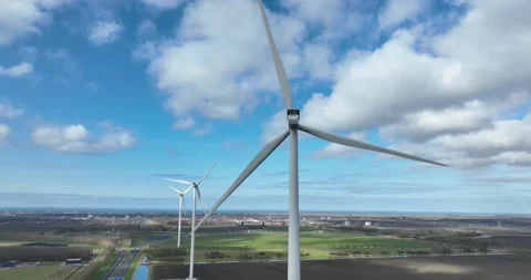 Energy transition, wind park, row of wind mills. Aerial views. Almere, The Stock-Footage 304818900
