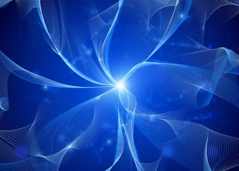Energy waves flow from the light center, many lines gradient on blue, vector Stock Illustration