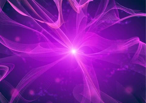 Energy waves flow from the light center, many curvy purple lines on dark, vector Stock Illustration