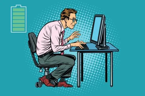 Energy for work, office businessman at computer Illustrazione stock